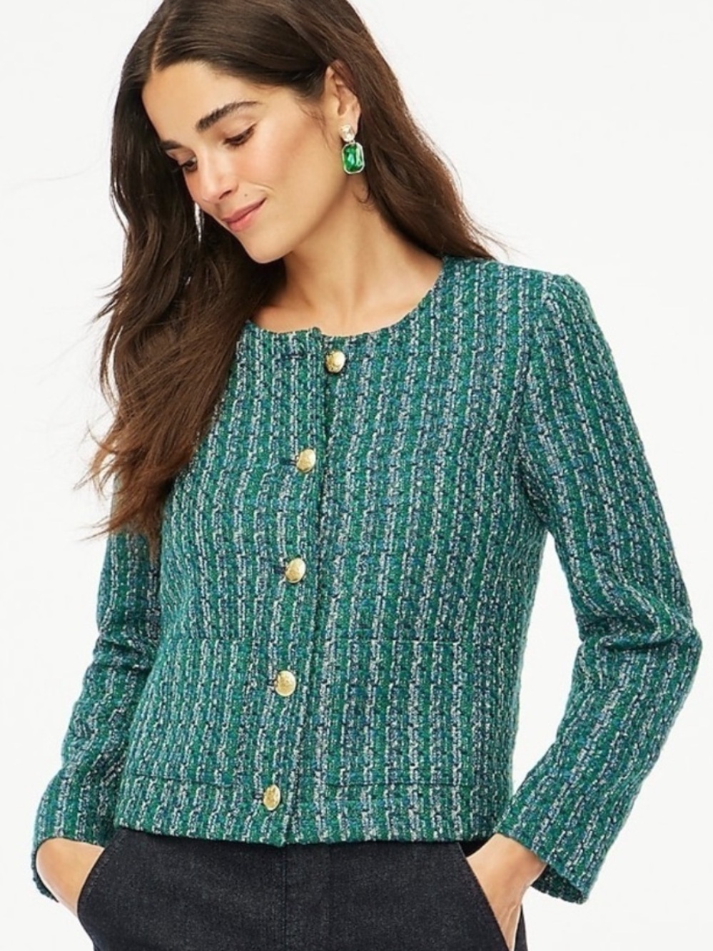 NWT J Crew Green Tweed Button Front blazer Jacket 0 workwear
